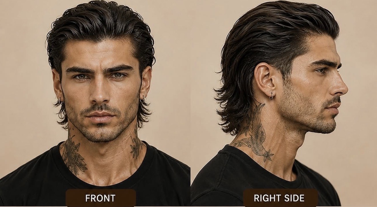 Mid-length slick back flow with natural movement, front and side view