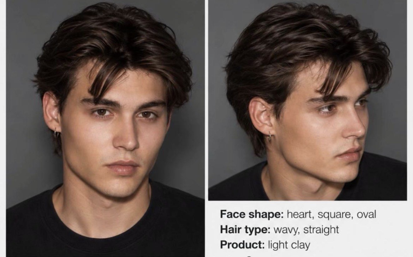 1990s curtains haircut with a middle part and soft layers, front and side view