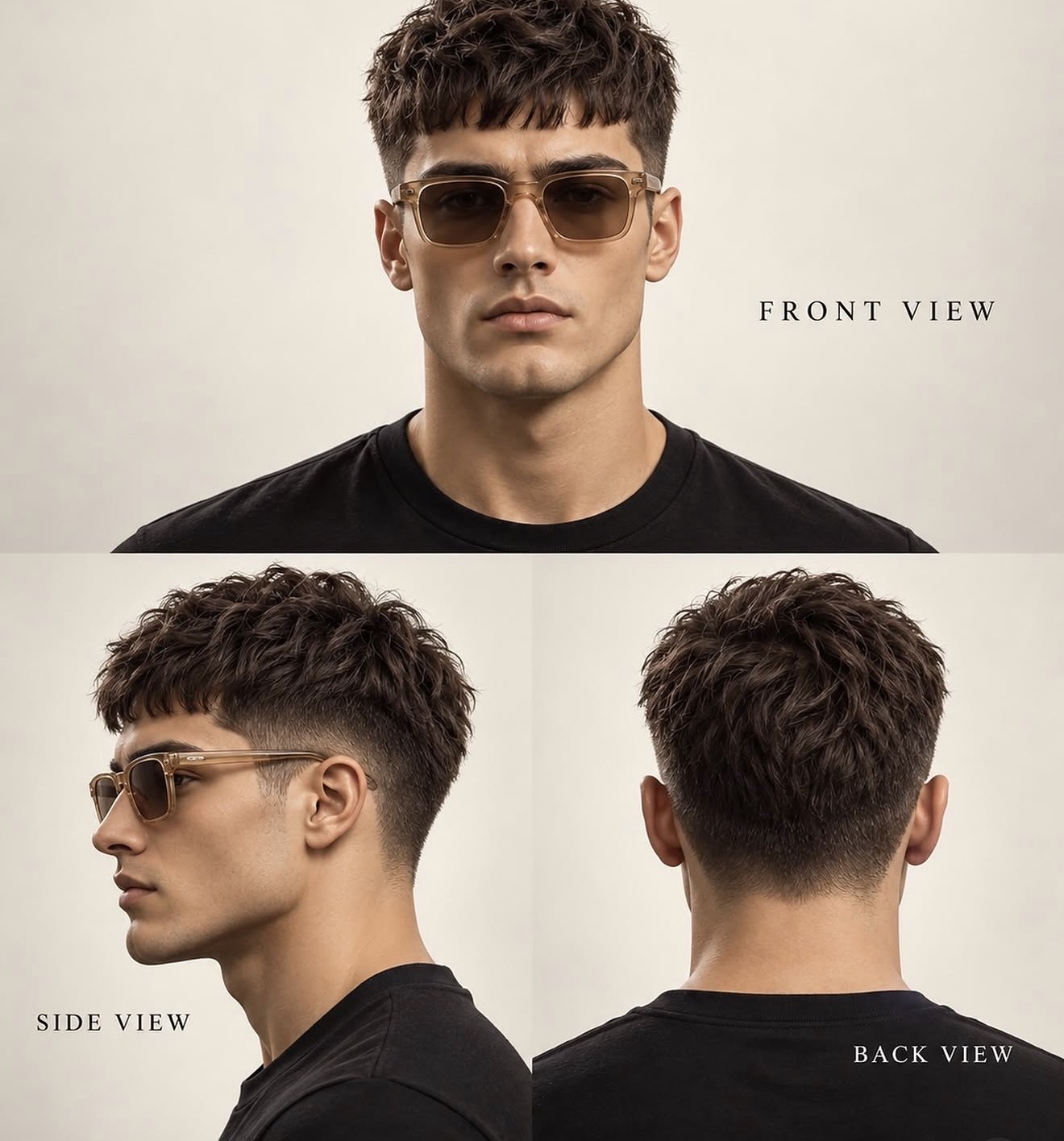 French crop with a blunt textured fringe and low taper fade, shown from the front, side and back