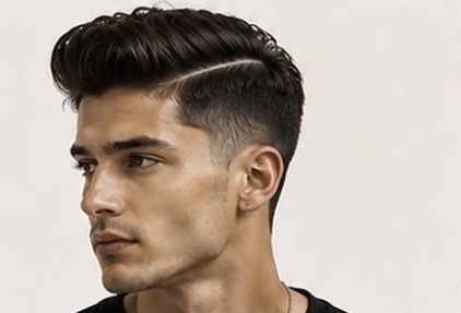 Hard part pompadour with volume on top and a tapered fade