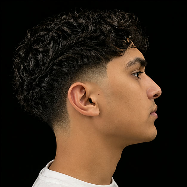 Close side view of a low taper fade with a clean neckline