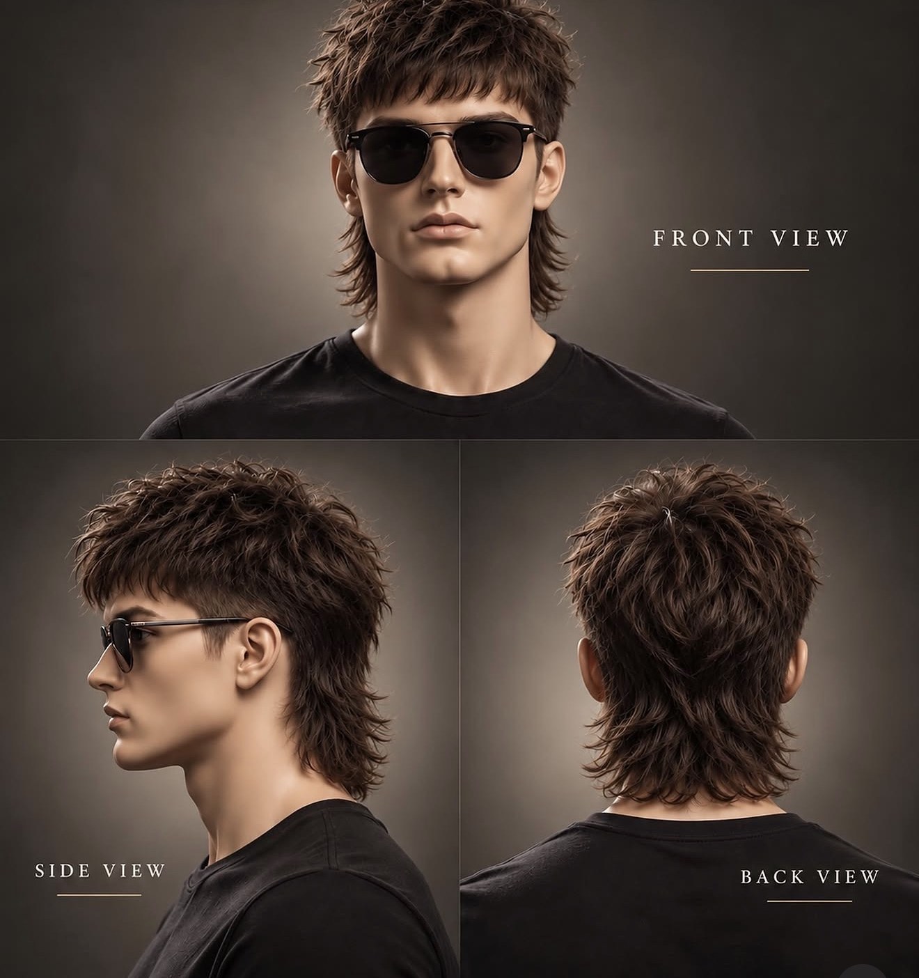 Textured crop mullet shown from the front, side and back