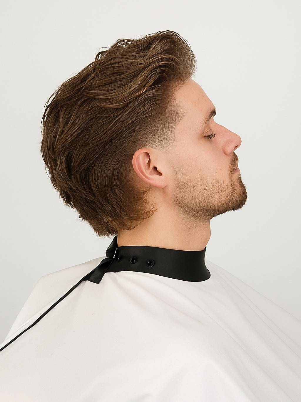 Black and white close up of a slick back executive cut